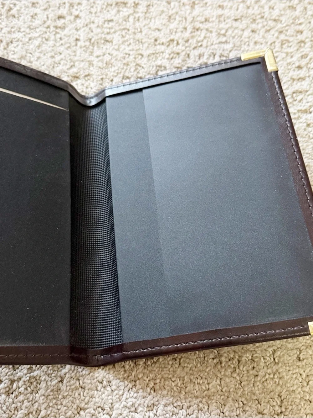 Small Brown Leather Portfolio Padfolio Organizer Taiwan Card Paper Gold Corners